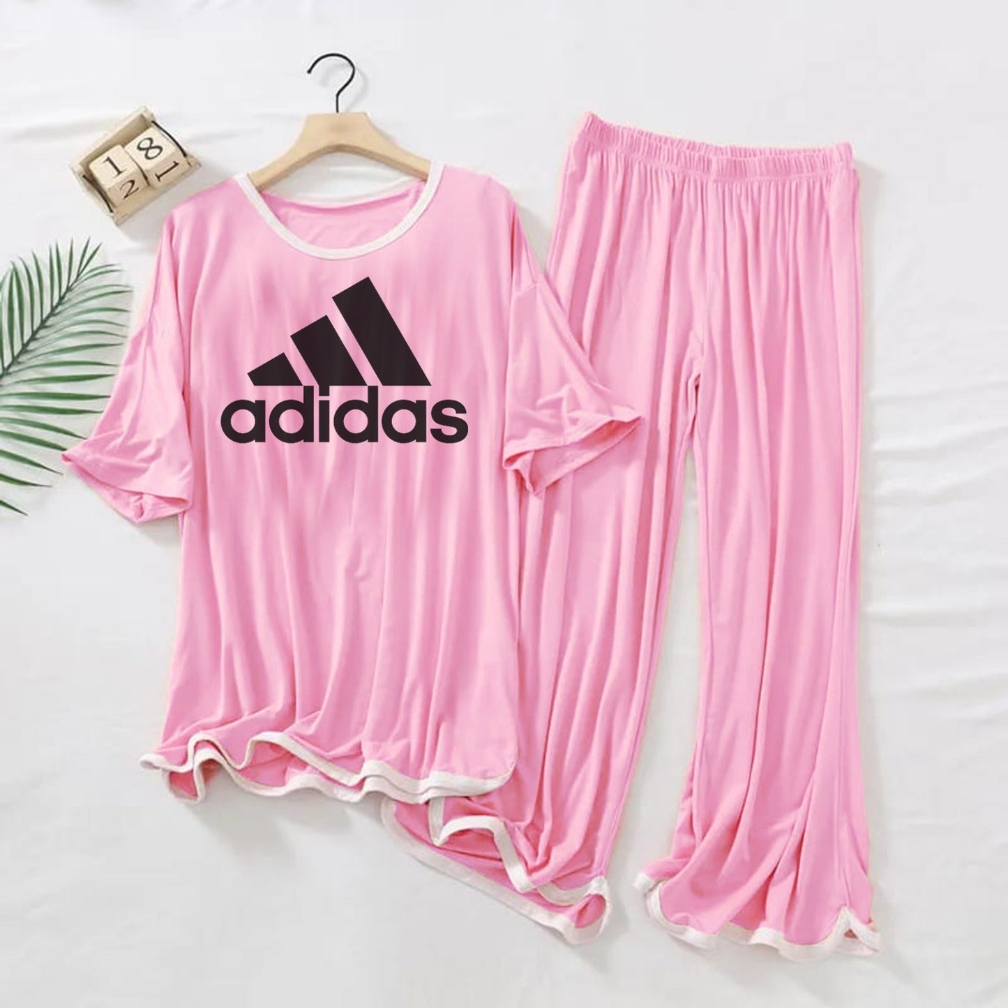 (line )ADIDAS  Logo Printed  Pink White Border Top & Palazzo