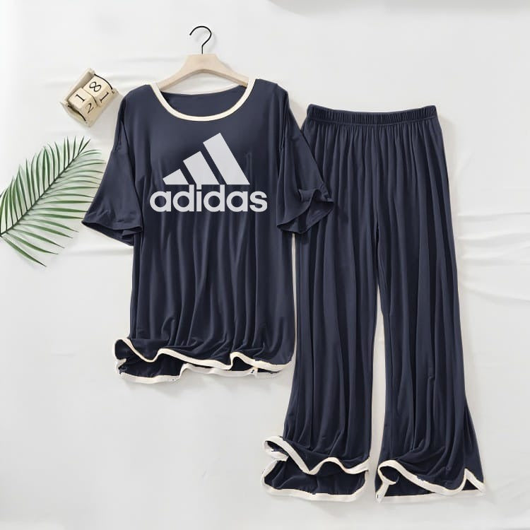 (line )ADIDAS   Logo Printed  NAVY BLUE White Border Top & Palazzo