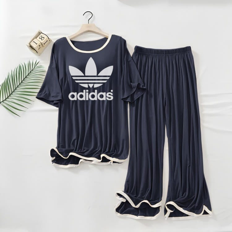 (FLOWER )ADIDAS   Logo Printed  NAVY BLUE White Border Top & Palazzo