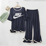 NIKE Logo Printed  NAVY BLUE White Border Top & Palazzo