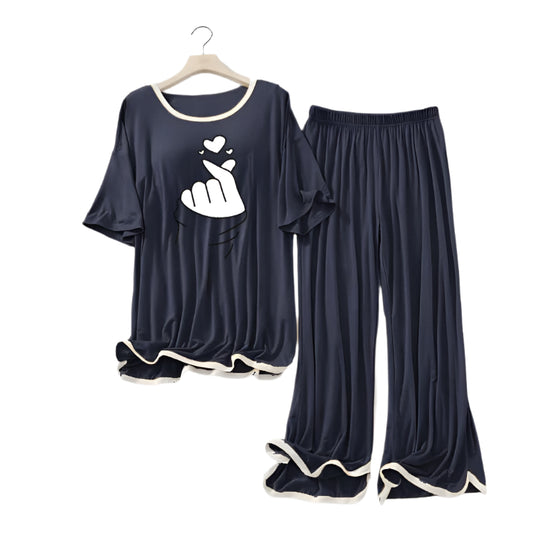 NAVY BLUE White Border Finger Love Printed Top & Palazzo