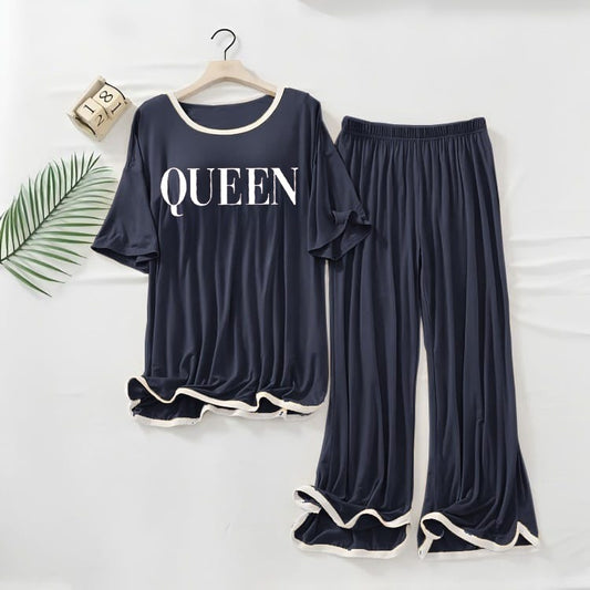 NAVY BLUE White Border Queen Printed Top & Palazzo