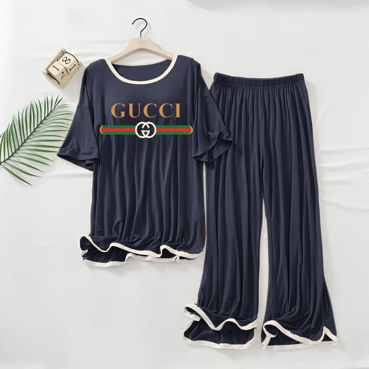 GUCCI Printed  NAVY BLUE White Border Top & Palazzo