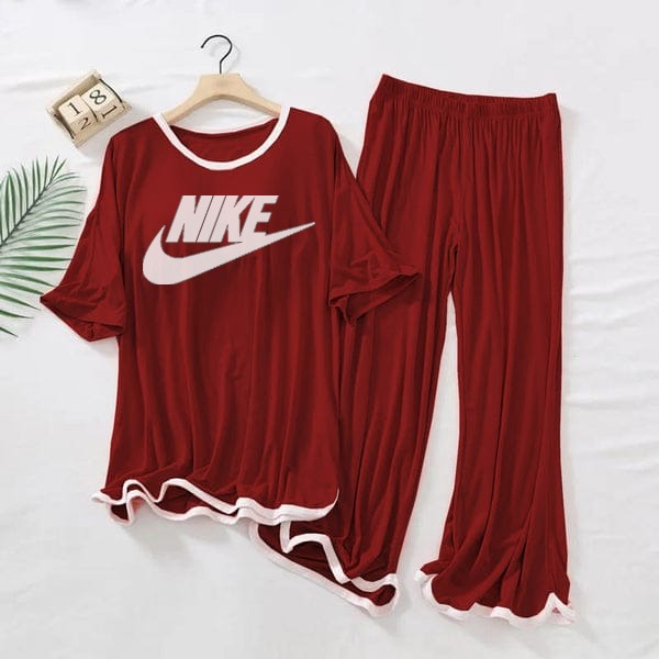 NIKE Logo Printed  Maroon White Border Top & Palazzo