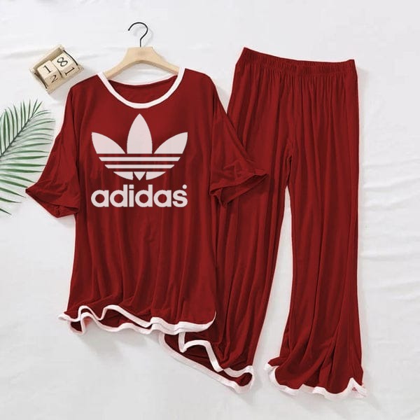 (FLOWER ) ADIDAS Logo Printed  Maroon White Border Top & Palazzo