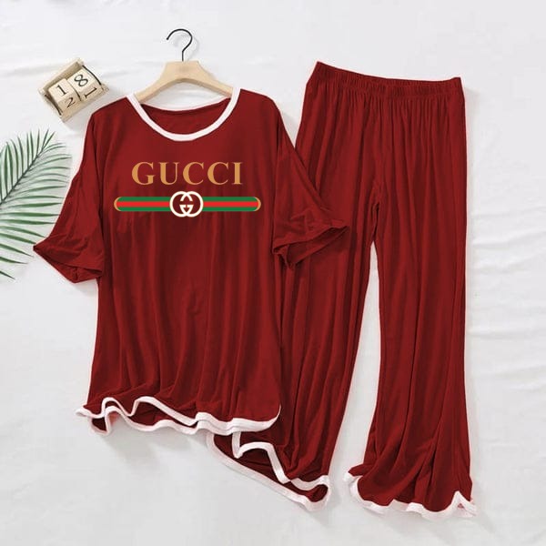 GUCCI  Logo Printed  Maroon White Border Top & Palazzo