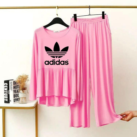 (FLOWER ) ADIDAS  Logo Printed Pink Frock Top & Palazzo