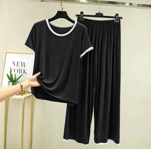 Plain Black Tshirt With White Round Neck And PLazo Pajama (Half Seeleve)