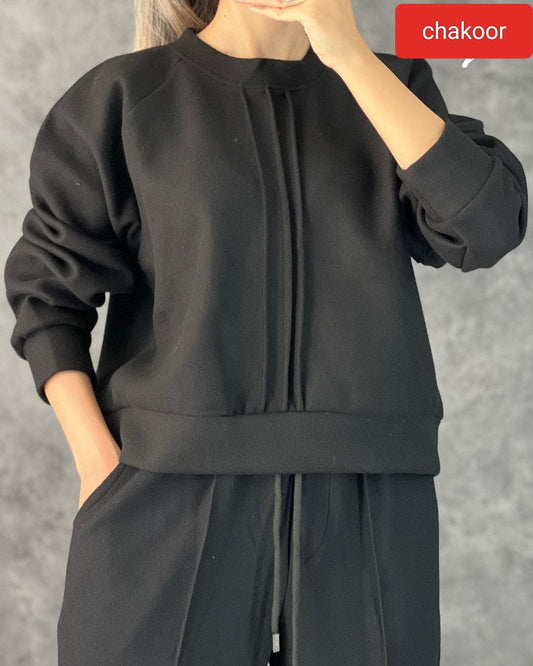 Winter Fleece Co-ords: Stylish Black 2-Piece Set with Cocoon Pants and Sweatshirt (AK)