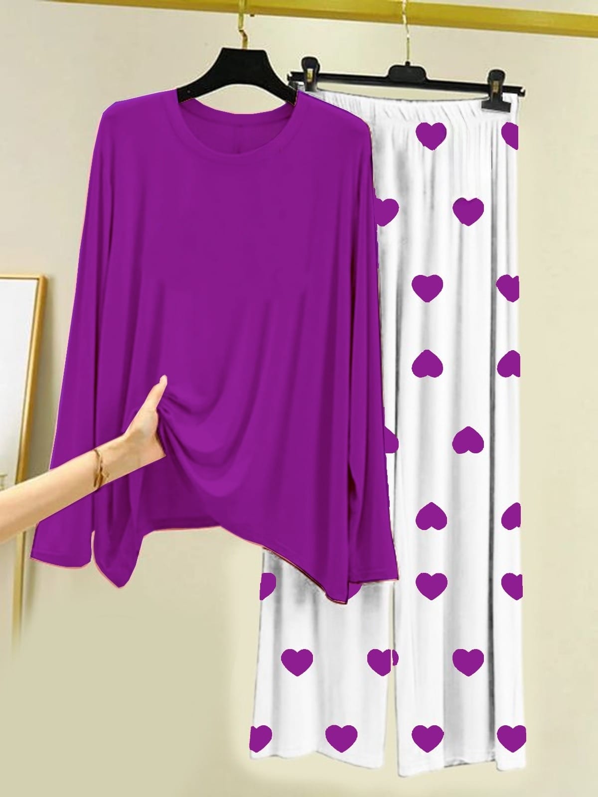 Plain Purple Shirt With Heart Printed Trouser