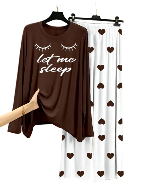 Let Me Sleep  Printed Brown Shirt  With Heart Printed Trouser