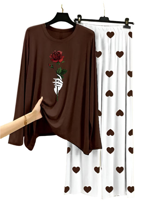 Roses Flower   Printed Brown Shirt  With Heart Printed Trouser
