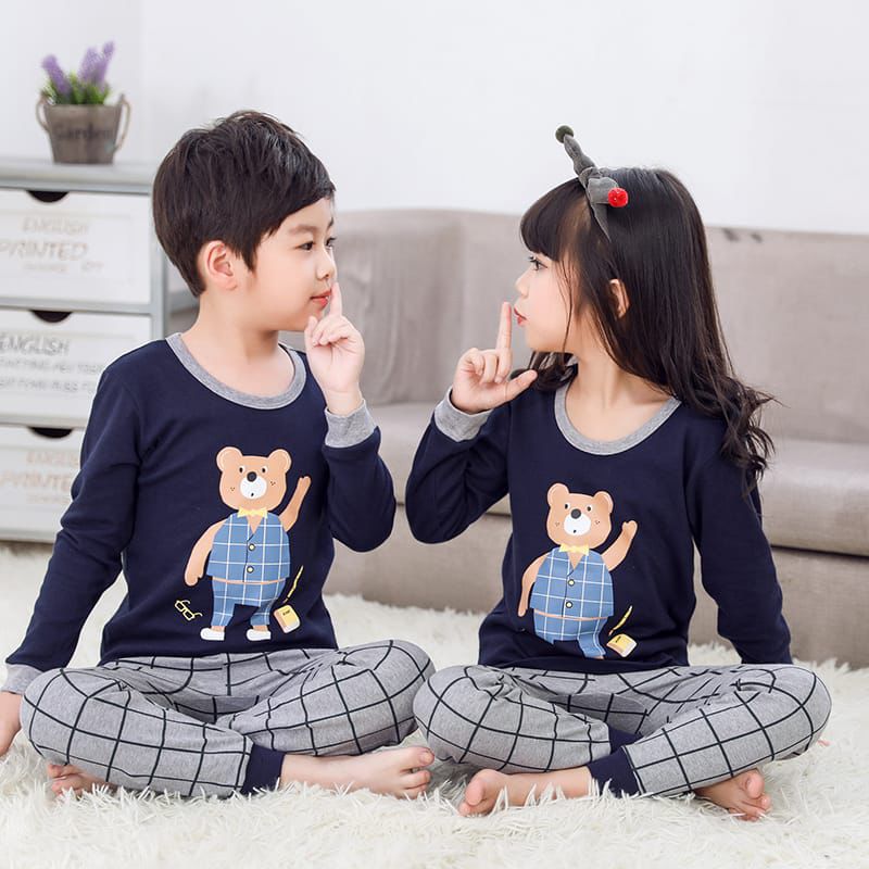 Bear  Printed Navy Blue Kids Night Suit
