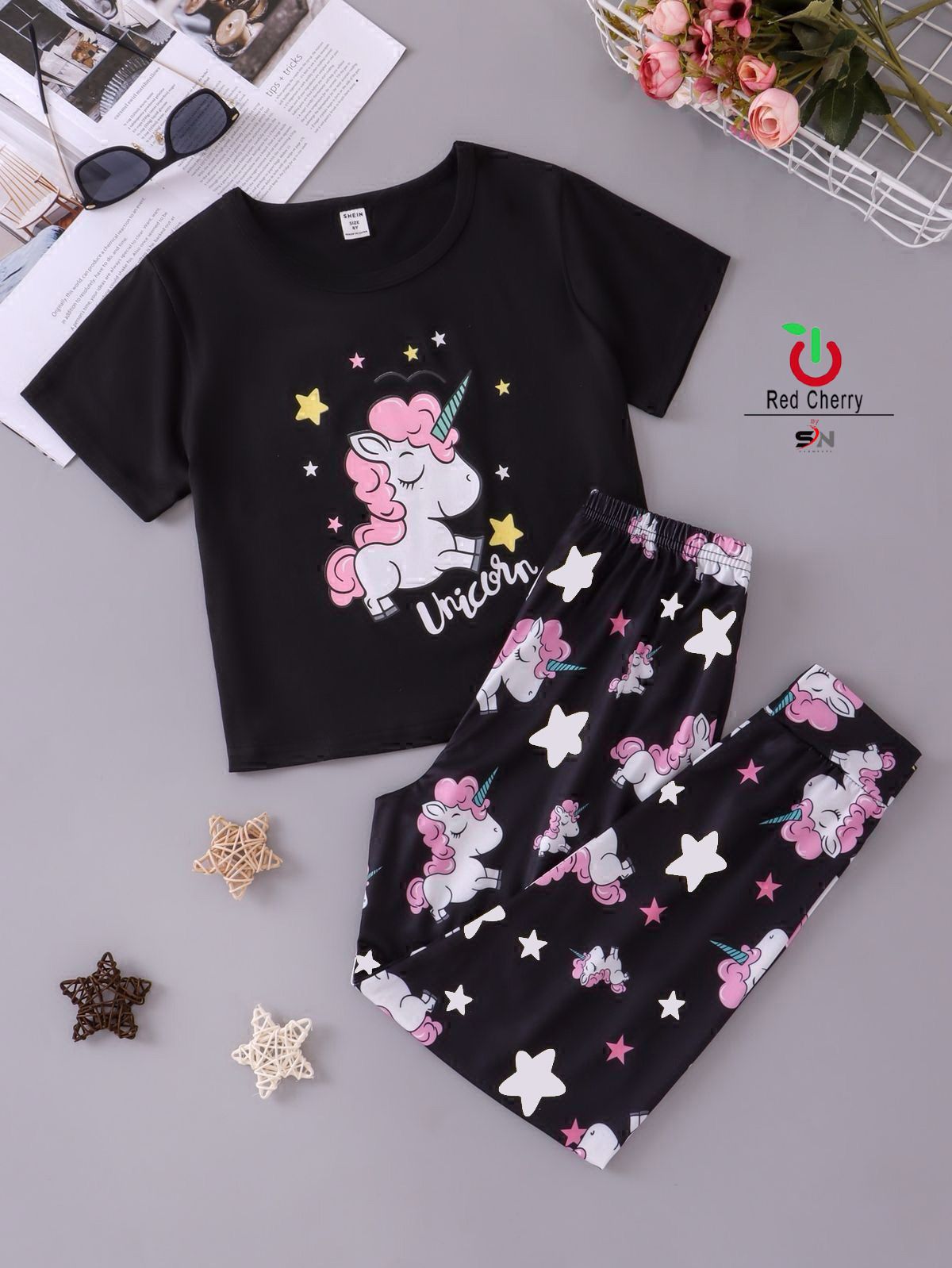 Black Unicorn  Print Kids Night Suit