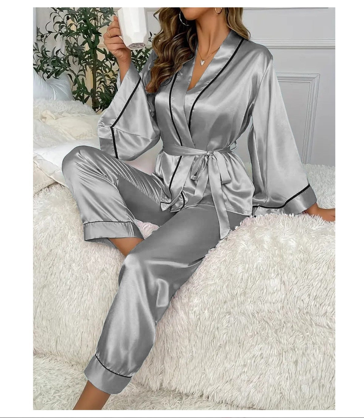 Grey Gown Style Wetsern 2-Pcs Sill  Night-Suit. (AS)