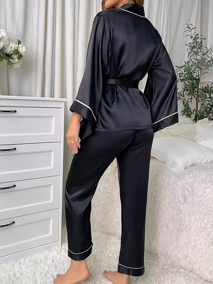 BLACK Gown Style Wetsern 2-Pcs Sill  Night-Suit. (AS)