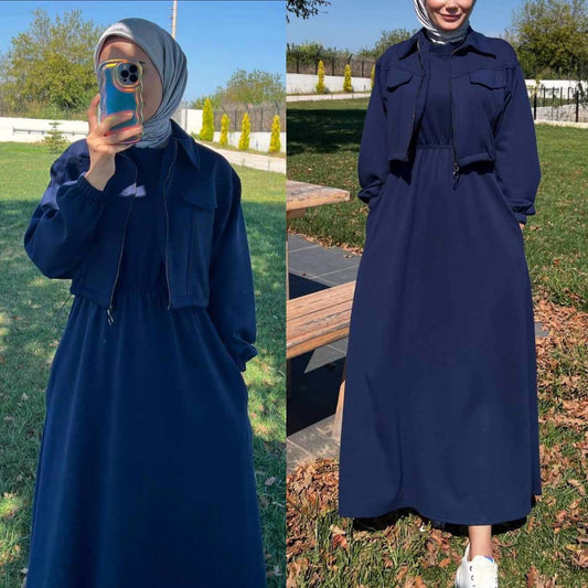 Blue Color  2-Pcs Winter Tracksuit  Short Jacket Long Maxi Style