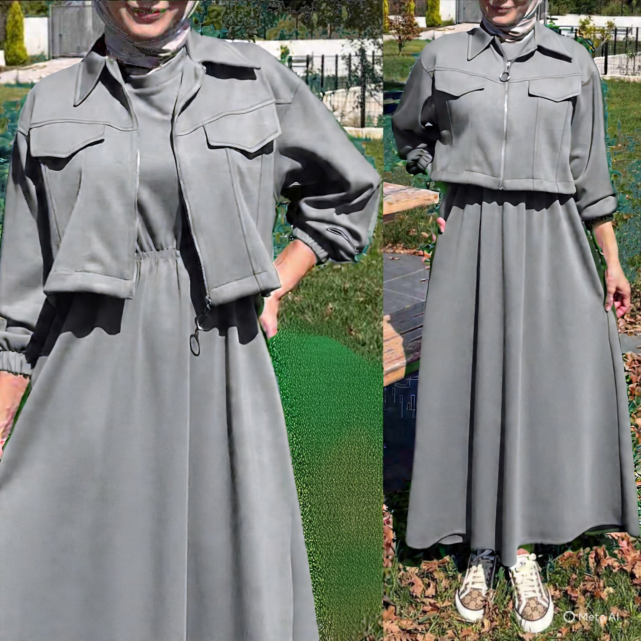 Grey Color  2-Pcs Winter Tracksuit  Short Jacket Long Maxi Style