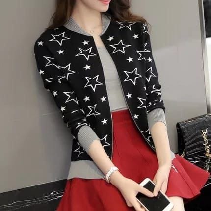 Black Color Women's Star Printed Zipper Jacket