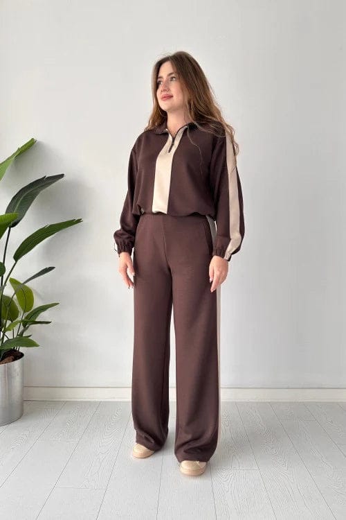 Zipper twin color winter fleece fabric track suit - Brown (AK)