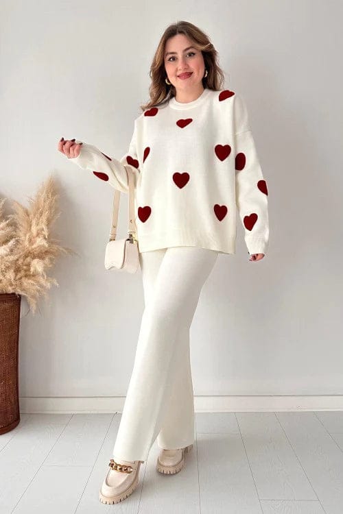 Heart printed warm winter fleece co ord Set - White and Red (AK)