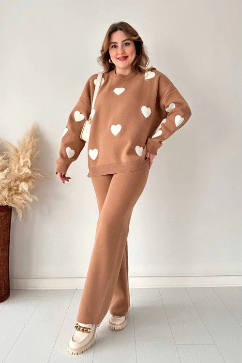 Heart printed warm winter fleece co ord Set - Brown and White (AK)