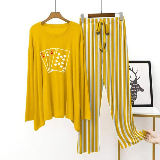 Playing Card Yellow Lining  Printed Nightwear ( Full Sleeve  )