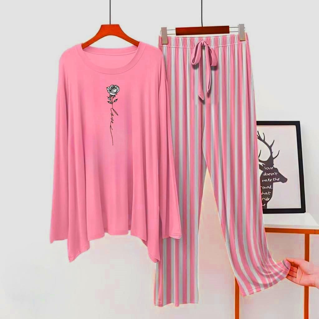 Pink Rose Flower Printed Shirt With Lining Trouser