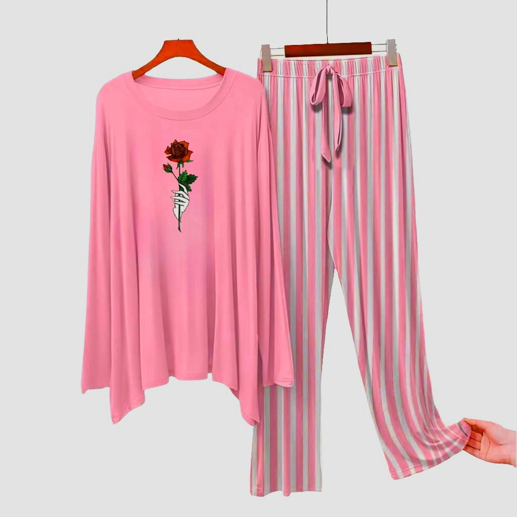 Pink Rose Flower Printed Shirt With Lining Trouser