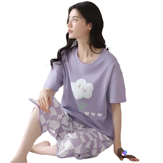 Purple Check Flowers Printed ( PJ'S Night Dress )