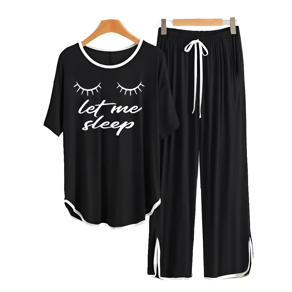 Black Let Me Sleep White  Round Neck Plazzo PJ Set