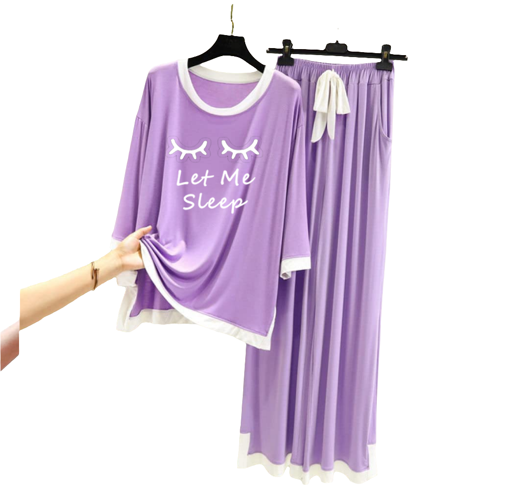 Purple let Me Sleep White Round Neck Shirt & Palazzo