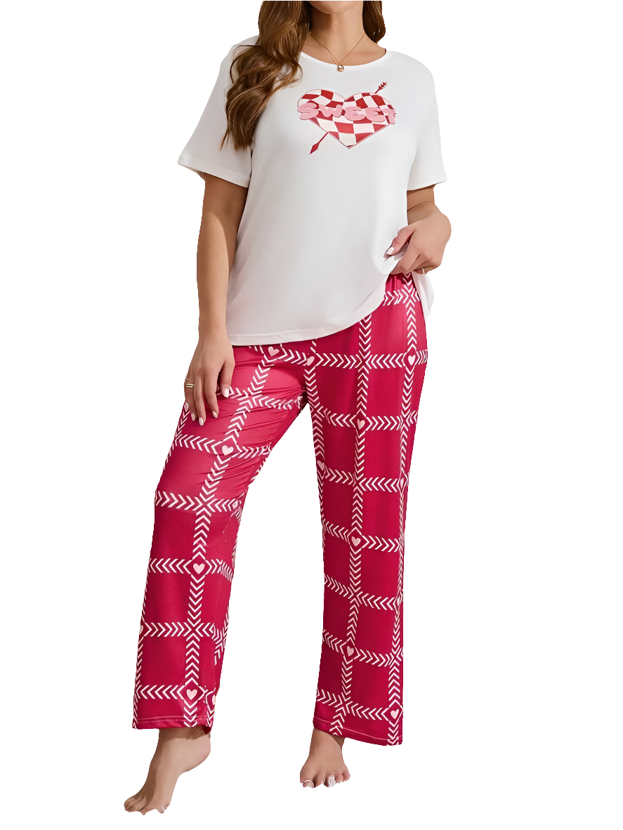 Heart Letter Arrow Print Pajama Set white with pink  ( PJ'S Night Dress )