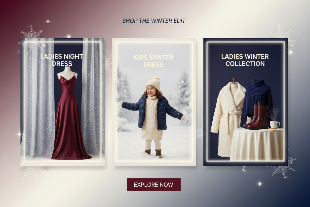 banner create kar du ka " Ladies Night Dress , Kids Winter Dress , Ladies Winter Collection" Shopify K size k hisab se   