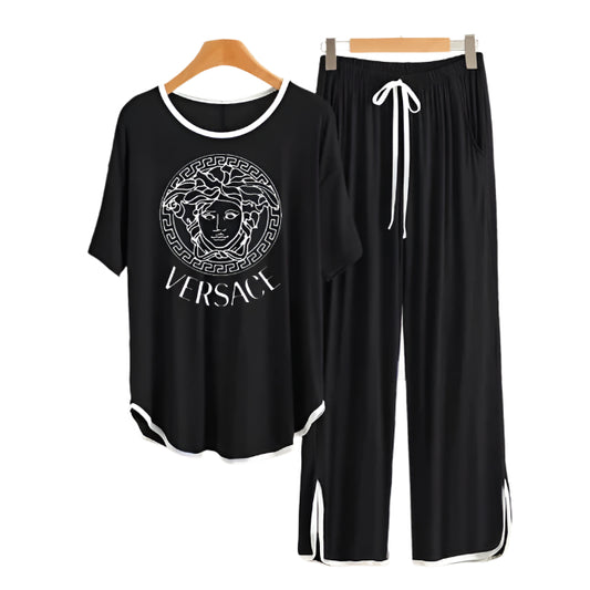 Black Versace White  Round Neck Plazzo PJ Set