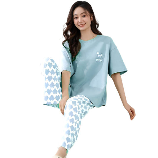 Sky Blue Printed Ladies Night Dress ( PJ'S Night Dress )