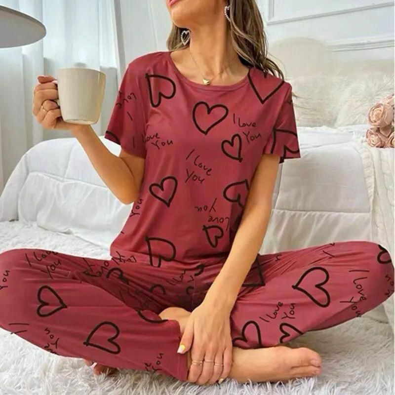 Love Hearts on Maroon Nightwear ( PJ'S Night Dress )