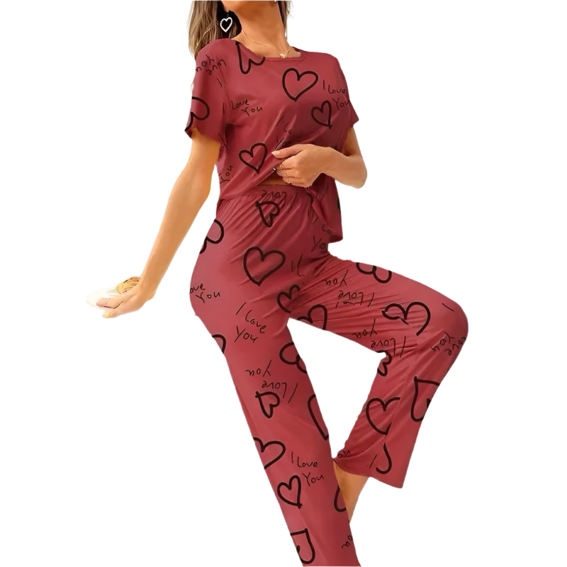 Love Hearts on Maroon Nightwear ( PJ'S Night Dress )