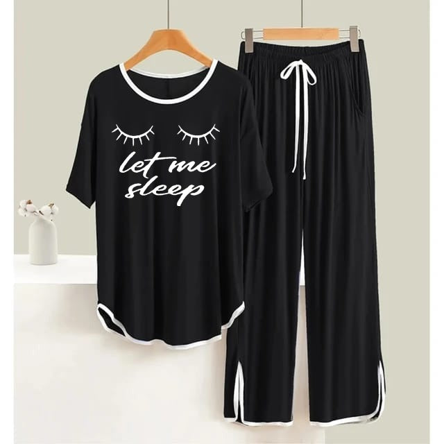 Black Let Me Sleep White  Round Neck Plazzo PJ Set