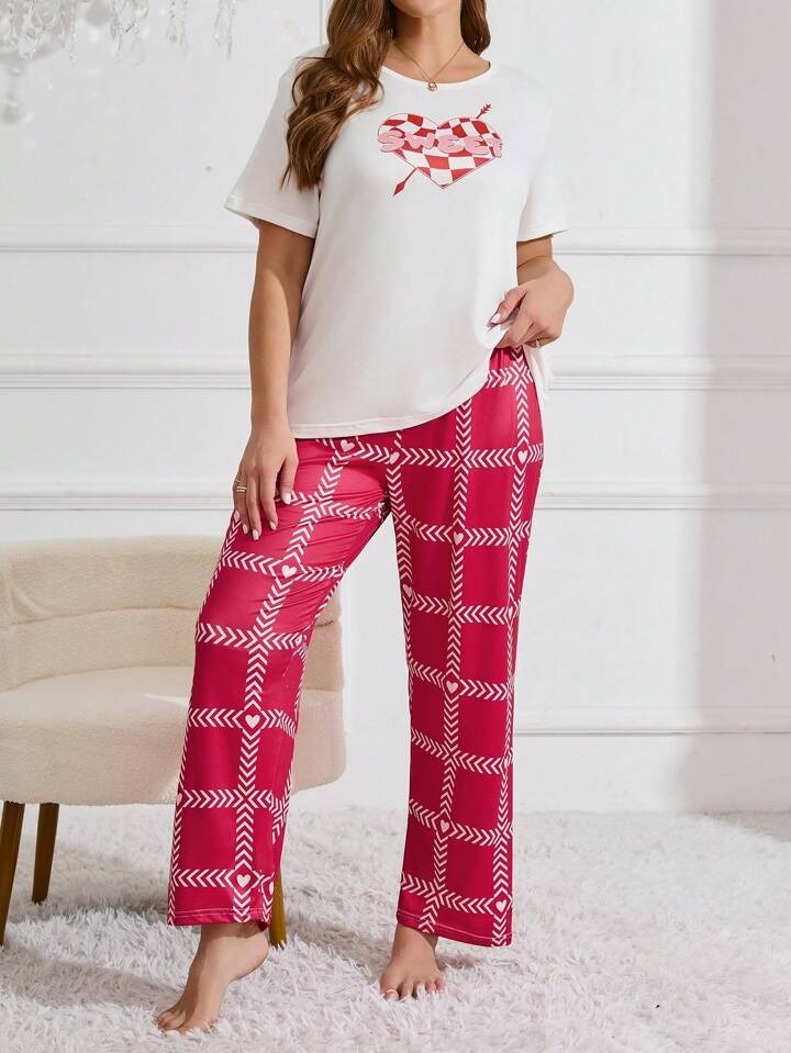 Heart Letter Arrow Print Pajama Set white with pink  ( PJ'S Night Dress )