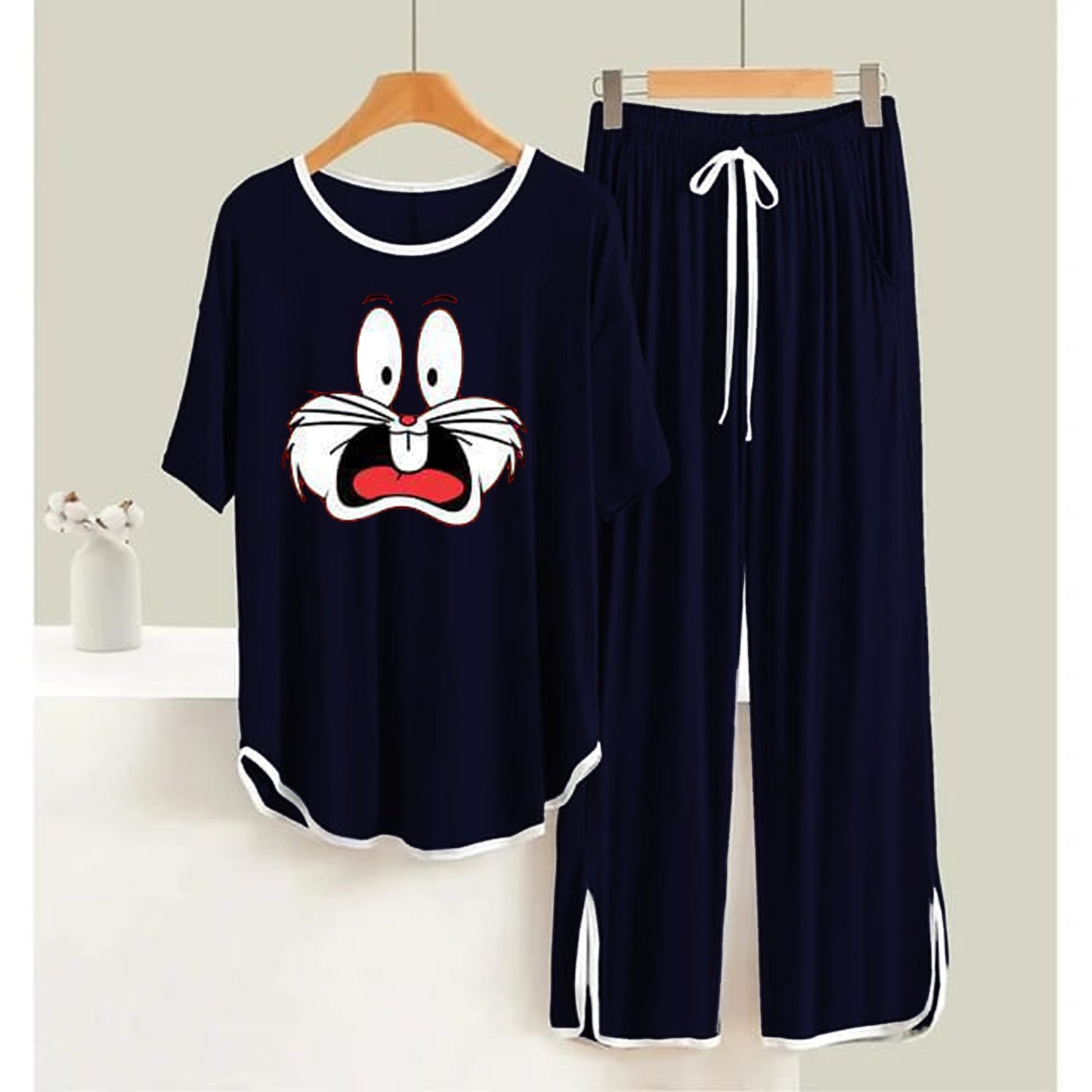 Navy BLUE Bug's Bunny White  Round Neck Plazzo PJ Set