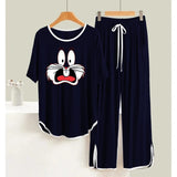 Navy BLUE Bug's Bunny White  Round Neck Plazzo PJ Set