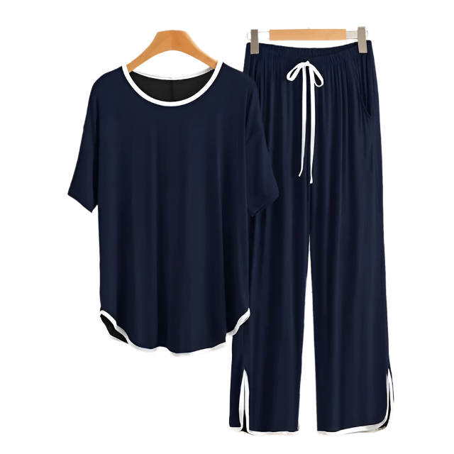 Plain  NAVY BLUE White  Round Neck Plazzo PJ Set