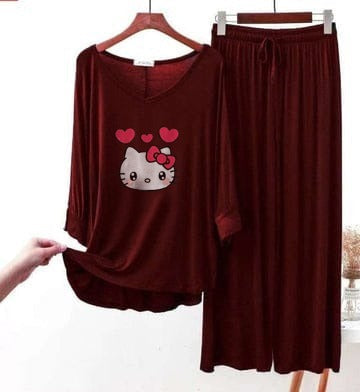 Maroon Full sleeve Kitty Palazzo style night Dress