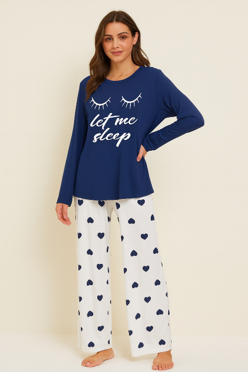 Let me sleep Printer Navy Blue Shirt With Heart Printed Trouser