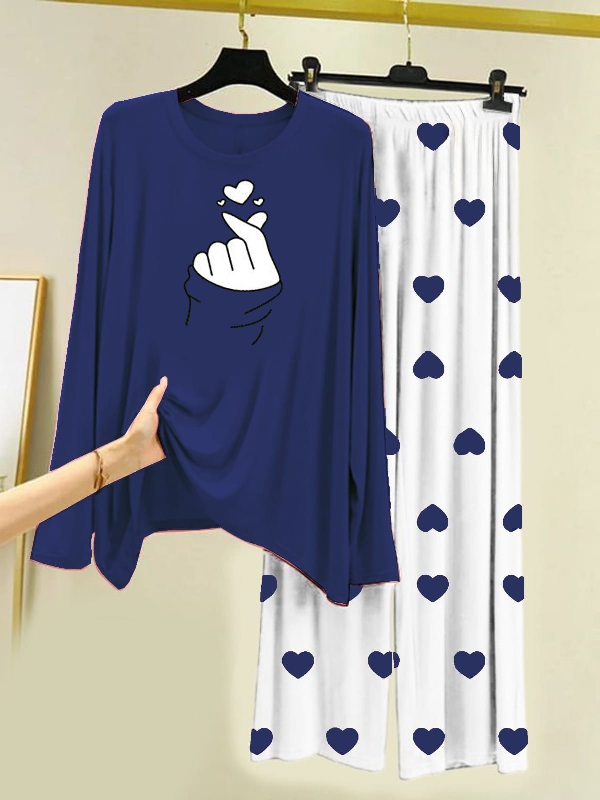 Plain Navy Blue Shirt With Heart Printed Trouser