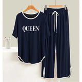 Navy BLUE QUEEN White  Round Neck Plazzo PJ Set