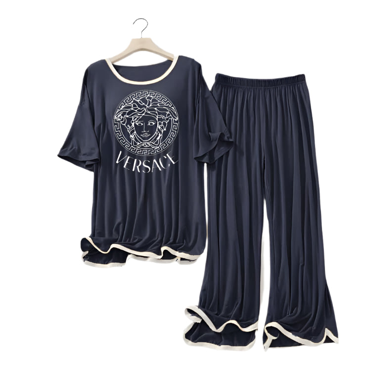 NAVY BLUE White Border Versace Printed Top & Palazzo