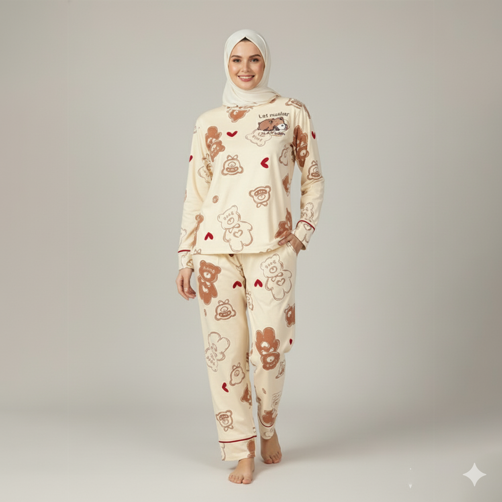 Multiple Bear printed ladies night suit fabric soft cotton jersey