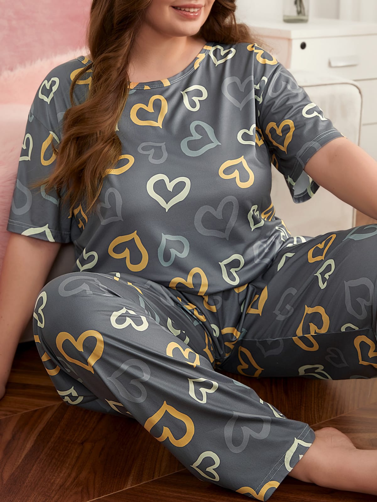 Multi Color Hearts on Gray Nightwear  ( PJ'S Night Dress )